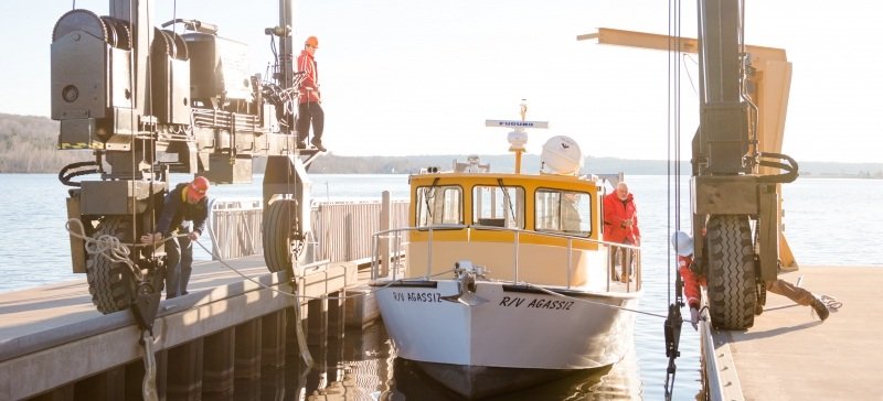 The R/V Agassiz being removed from the water.