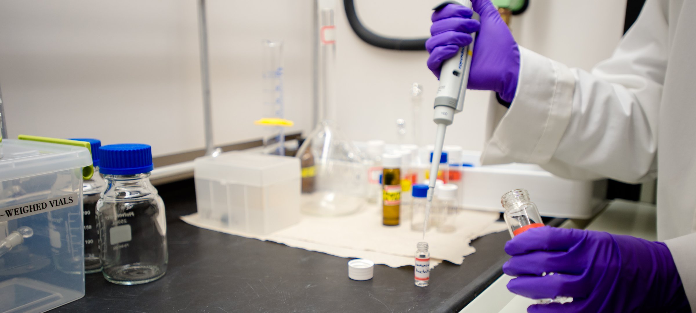 Contents of a vial being transferred via pipet by chemist wearing purple gloves