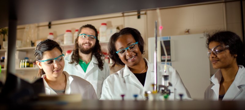 Chemisty students in a lab.