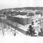 Aerial view of Fisher Hall in the winter.