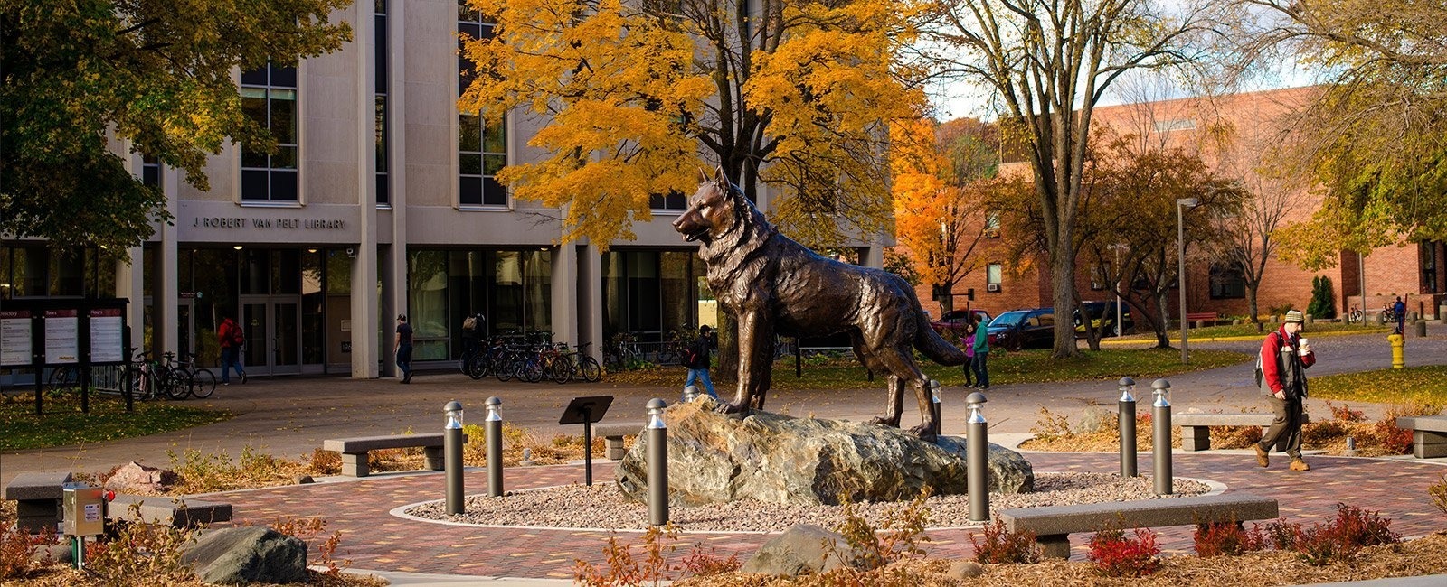 Husky statue in the middle of Michigan Tech's campus.