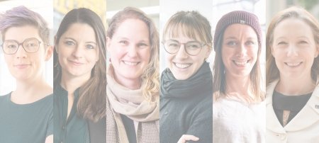 Six women leaders at Michigan Tech in portrait for a story sharing their perspectives during Women's History Month.